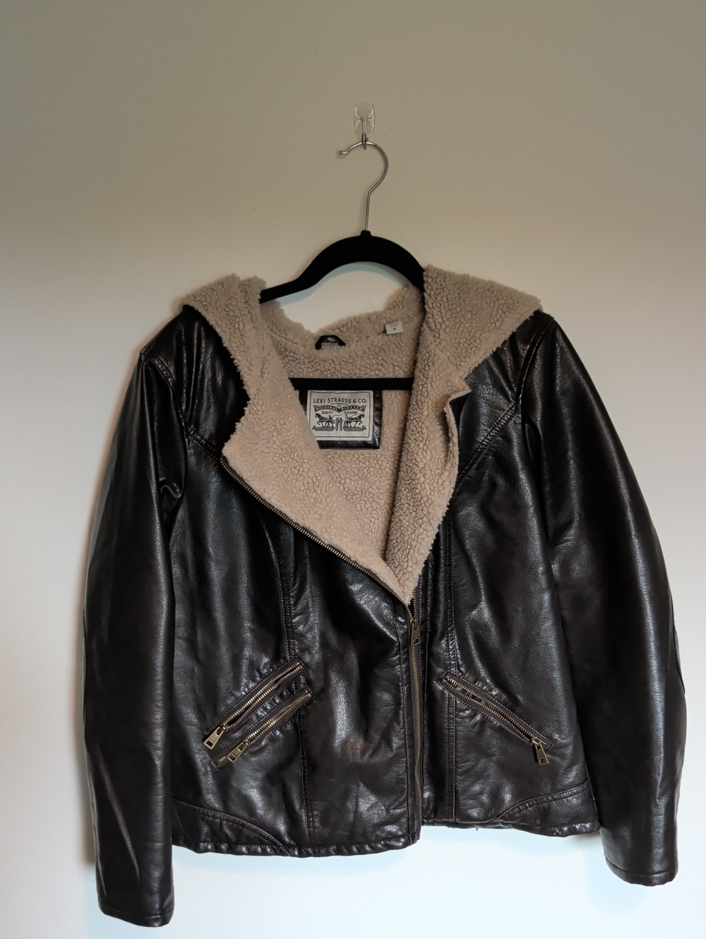 Levi's Faux Dark Brown Moto Leather Jacket with Cream Sherpa Hooded Lining
